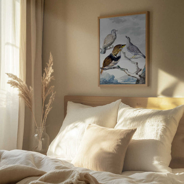 Tablou înramat „Three Birds, Two Inca Pigeons and a Collared Bearded Cuckoo” de Aert Schouman