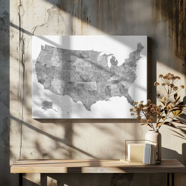 Tablou canvas „Gray watercolor map of the US” de Rosana Laiz Blursbyai