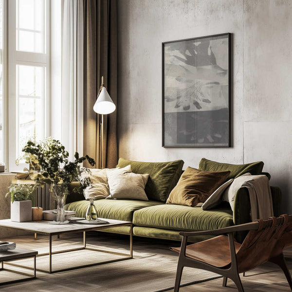 Tablou înramat „Whispering Leaves – Abstract Pattern in Taupe and White” de Dina Dankers