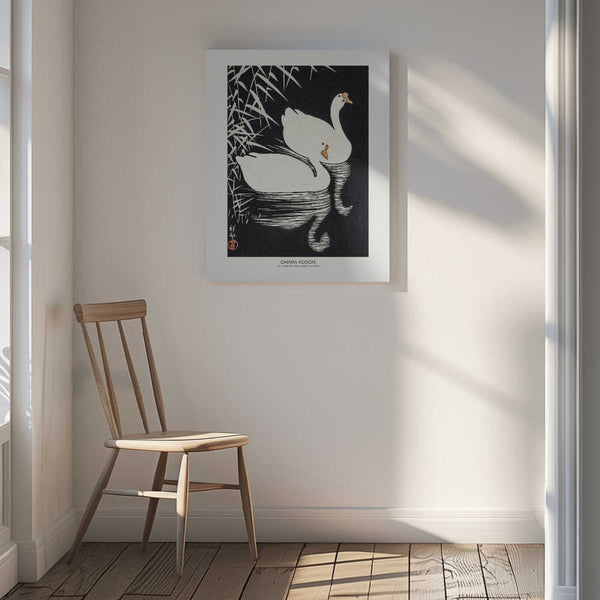 Tablou canvas „White Chinese Geese Swimming by Reeds” de Ohara Koson