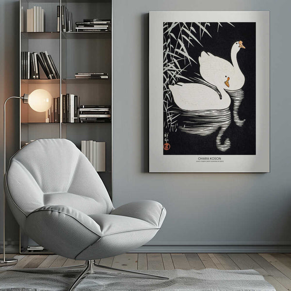 Tablou canvas „White Chinese Geese Swimming by Reeds” de Ohara Koson