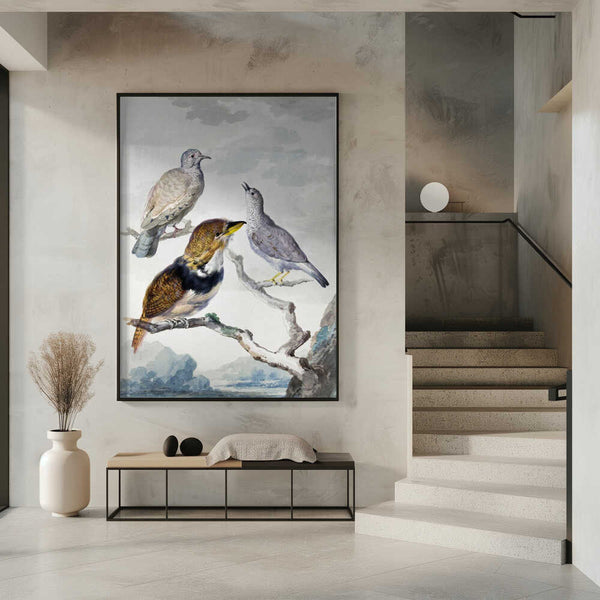 Tablou înramat „Three Birds, Two Inca Pigeons and a Collared Bearded Cuckoo” de Aert Schouman