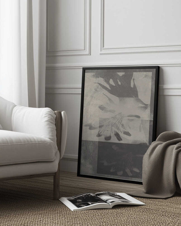 Tablou înramat „Whispering Leaves – Abstract Pattern in Taupe and White” de Dina Dankers