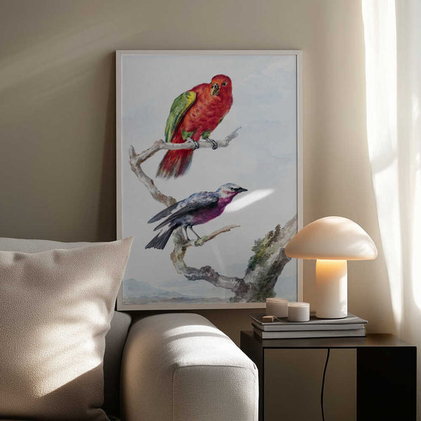 Tablou înramat „Two Birds, Including a Red Green Parrot” de Aert Schouman