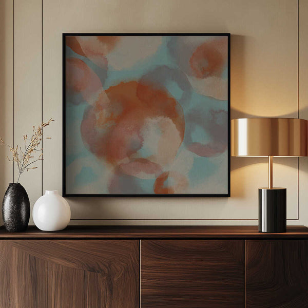 Tablou înramat „Soft Hues – Abstract Watercolor in Terra, Taupe, Blue” de Dina Dankers