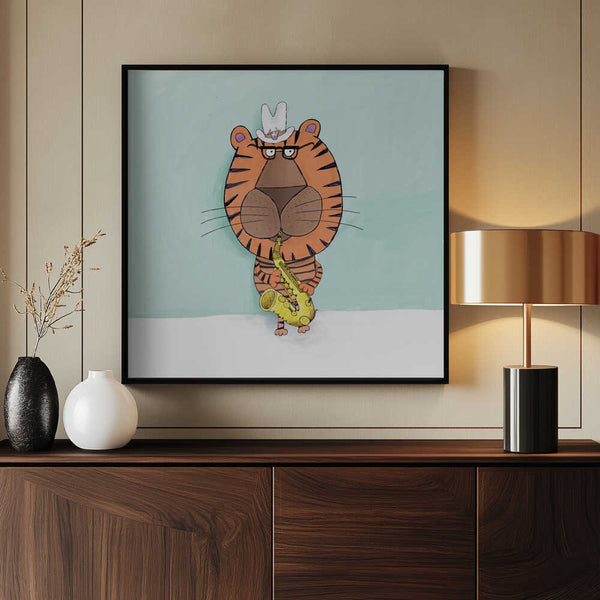 Tablou înramat „Tiger Saxophone Player with Cowboy Hat by Artist Carla Daly” de Carla Daly