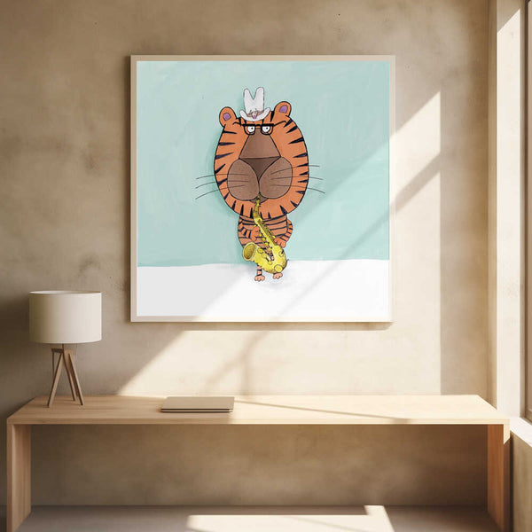 Tablou înramat „Tiger Saxophone Player with Cowboy Hat by Artist Carla Daly” de Carla Daly