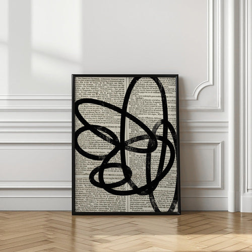 Tablou inramat abstract cu rama neagra langa perete alb