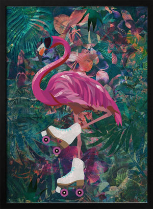 Tablou înramat „Tropical Floral Jungle - FLamingo rollerskating” de Sarah Manovski