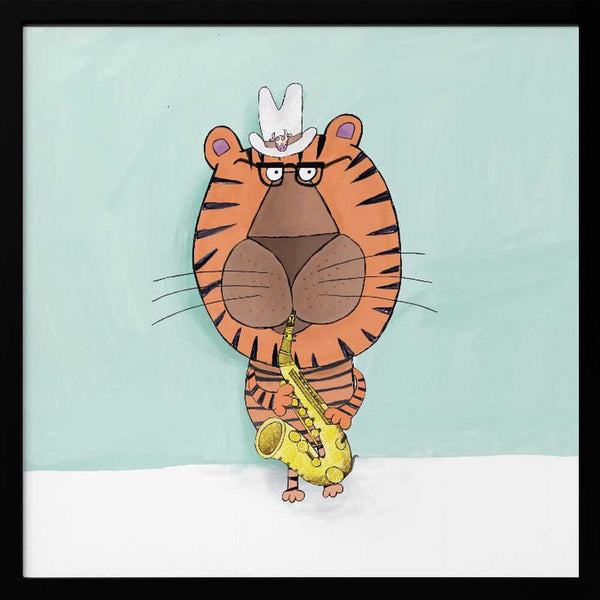 Tablou înramat „Tiger Saxophone Player with Cowboy Hat by Artist Carla Daly” de Carla Daly