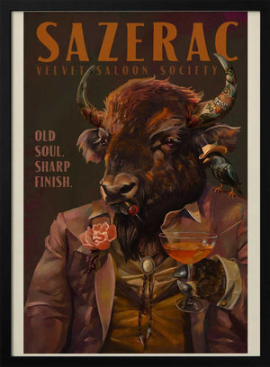 Tablou înramat „Buffalo Drinking Sazerac Cocktail. Alcohol &amp; Liquor Bar Art” de The Whiskey Ginger
