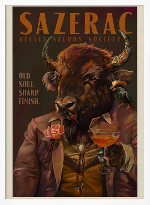 Tablou înramat „Buffalo Drinking Sazerac Cocktail. Alcohol &amp; Liquor Bar Art” de The Whiskey Ginger