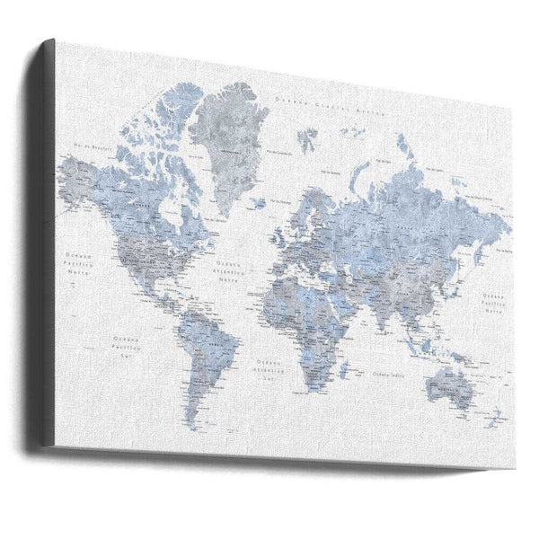 Tablou canvas „Blue world map in Spanish” de Rosana Laiz Blursbyai