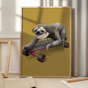 Tablou înramat „sloth on skateboard” de Adam Lawless