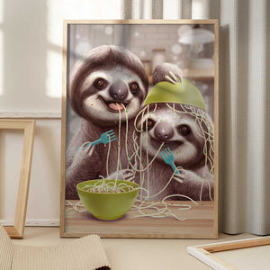 Tablou înramat „YOUNG SLOTH EATING SPAGETTI” de Adam Lawless