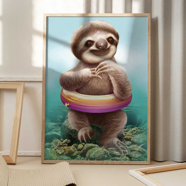 Tablou înramat „YOUNG SLOTH WITH BUOY” de Adam Lawless