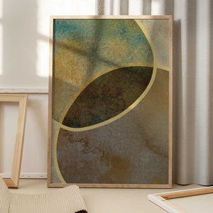 Tablou înramat „Abstract Circles With Gold 2” de Bilge Paksoylu