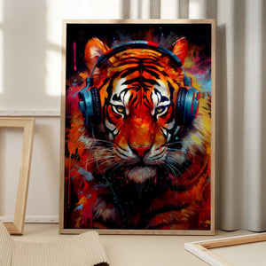 Tablou înramat „Tiger With Headphones animal” de Justyna Jaszke