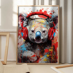 Tablou înramat „Koala With Headphones animal” de Justyna Jaszke