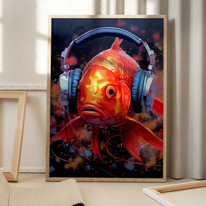 Tablou înramat „Gold Fish With Headphones animal” de Justyna Jaszke