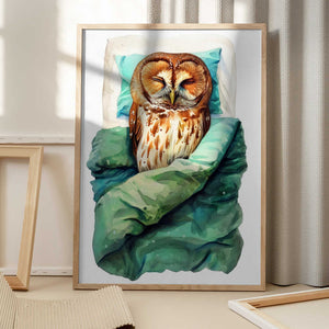 Tablou înramat „Animal Watercolor Art Bird Sleeping Owl” de Justyna Jaszke