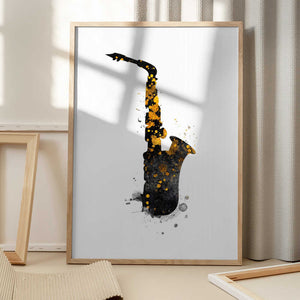 Tablou înramat „Black and Gold Music Art Saxophone” de Justyna Jaszke