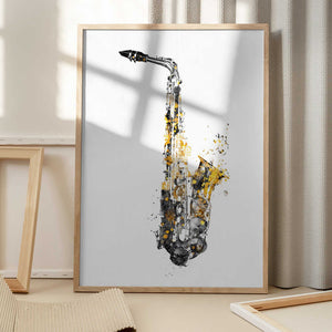 Tablou înramat „Black and Gold Music Art Saxophone Instrument” de Justyna Jaszke
