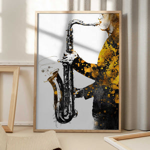 Tablou înramat „Black and Gold Music Art Saxophone2” de Justyna Jaszke