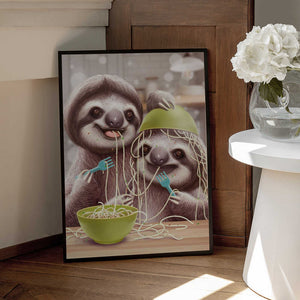 Tablou înramat „YOUNG SLOTH EATING SPAGETTI” de Adam Lawless