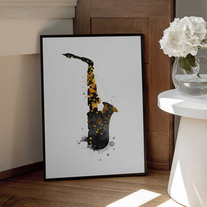 Tablou înramat „Black and Gold Music Art Saxophone” de Justyna Jaszke