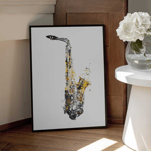 Tablou înramat „Black and Gold Music Art Saxophone Instrument” de Justyna Jaszke