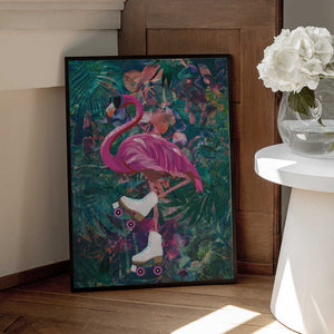 Tablou înramat „Tropical Floral Jungle - FLamingo rollerskating” de Sarah Manovski