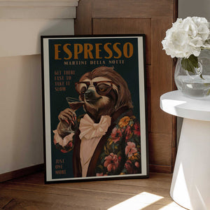 Tablou înramat „Art Deco Espresso Martini Drinking Sloth” de The Whiskey Ginger