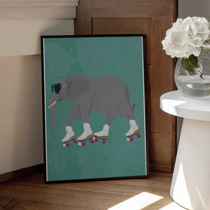 Tablou înramat „Elephant Rollerskating teal” de Sarah Manovski