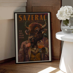 Tablou înramat „Buffalo Drinking Sazerac Cocktail. Alcohol &amp; Liquor Bar Art” de The Whiskey Ginger
