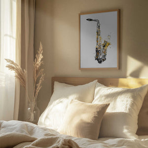 Tablou înramat „Black and Gold Music Art Saxophone Instrument” de Justyna Jaszke