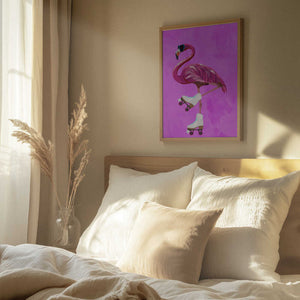 Tablou înramat „Pink Flamingo Roller Skating” de Sarah Manovski