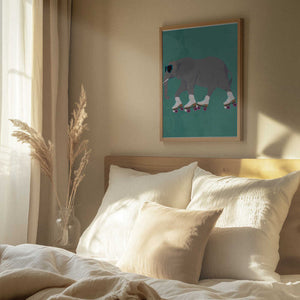 Tablou înramat „Elephant Rollerskating teal” de Sarah Manovski