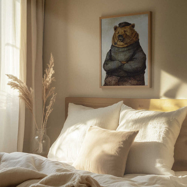Tablou înramat „Bear Dressed In A Sweater And Cap” de Mike Koubou