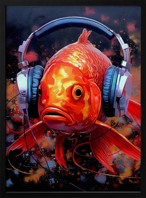 Tablou înramat „Gold Fish With Headphones animal” de Justyna Jaszke