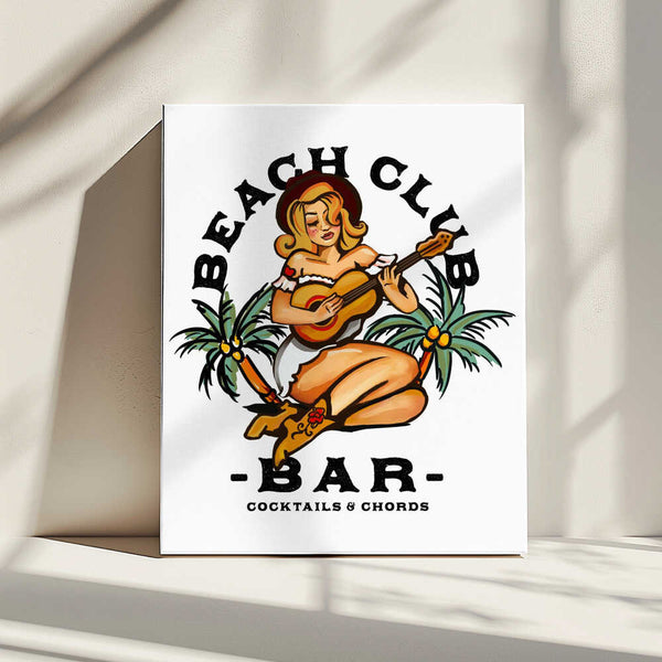 Tablou canvas „Beach Club Bar. Sailor Jerry Style Pin-up Girl Playing Guitar” de The Whiskey Ginger