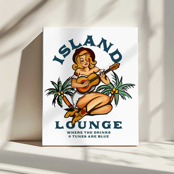 Tablou canvas „Island Lounge Tropical Pin Up Girl Playing Guitar” de The Whiskey Ginger