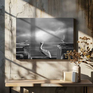 Tablou canvas „COMTEMPLATING THE PELICAN” de LARRY BUTTERWORTH