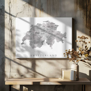 Tablou canvas „Gray watercolor map of Switzerland” de Rosana Laiz Blursbyai