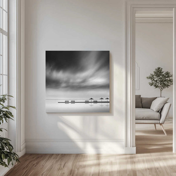 Tablou canvas „Four Benches and three umbrellas” de George Digalakis