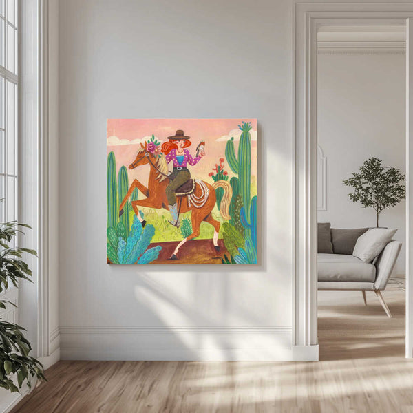 Tablou canvas „Cowgirl on horse in the desert” de Caroline Bonne Müller