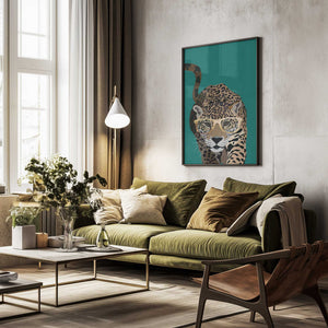 Tablou înramat „Curious green leopard” de Sarah Manovski