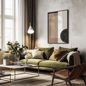 Tablou înramat „Geometric Shapes in Earthy Tones with a Black Circle” de Elena Ristova
