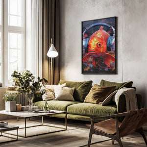 Tablou înramat „Gold Fish With Headphones animal” de Justyna Jaszke