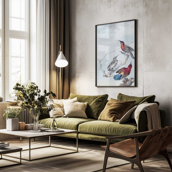 Tablou înramat „Three Crimson Sunbirds” de Aert Schouman